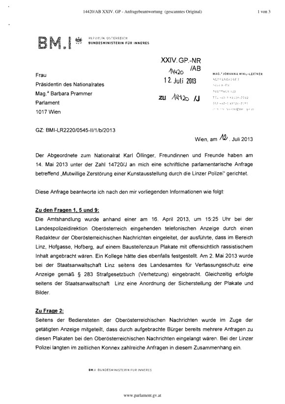 AB Mikl Leitner Ausstellung Linz Verhetzung..