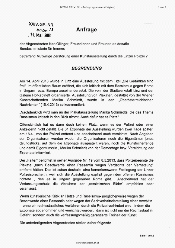 Anfrage BMI Kunstausstellung Linz