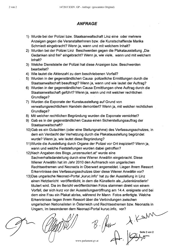 Anfrage BMI Kunstausstellung Linz.